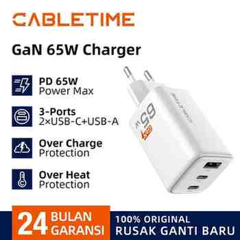 CABLETIME Adaptor Kepala Charger GaN PD Type C Fast Charging 65W 3 Port White