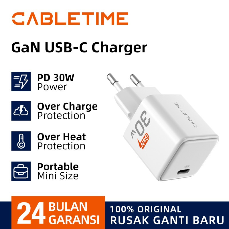 CABLETIME Adaptor Kepala Charger GaN PD Type C Fast Charging 30W 1 Port White